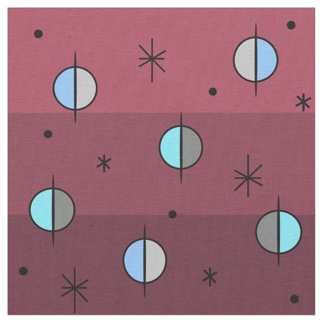 Retro Space Age Planets Stars Maroon Stoff (Nahaufnahme)