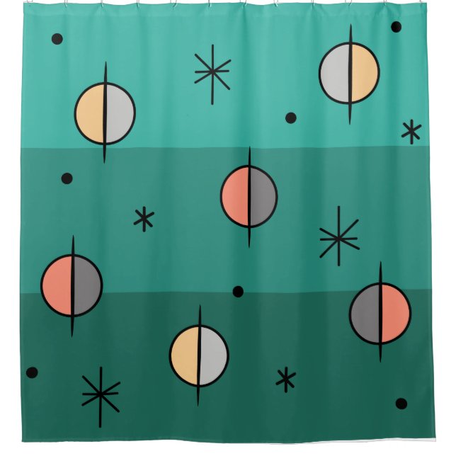 Retro Space Age Planets Stars Türkis Duschvorhang (Vorderseite)
