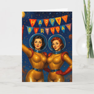 Retro Space Babes Geburtstags-Vintage-Pin-Up Karte