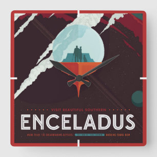 Retro Space Poster Cassini Mission to Saturn Quadratische Wanduhr