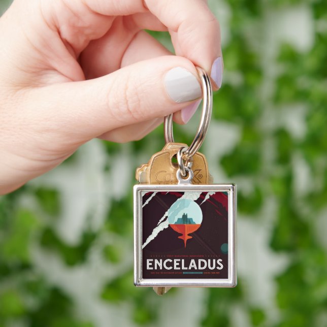 Retro Space Poster Cassini Mission to Saturn Schlüsselanhänger (Hand)
