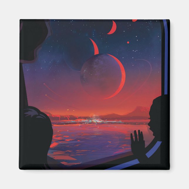 Retro Space Poster - Zuschauer beobachten Trappist Magnet (Vorne)