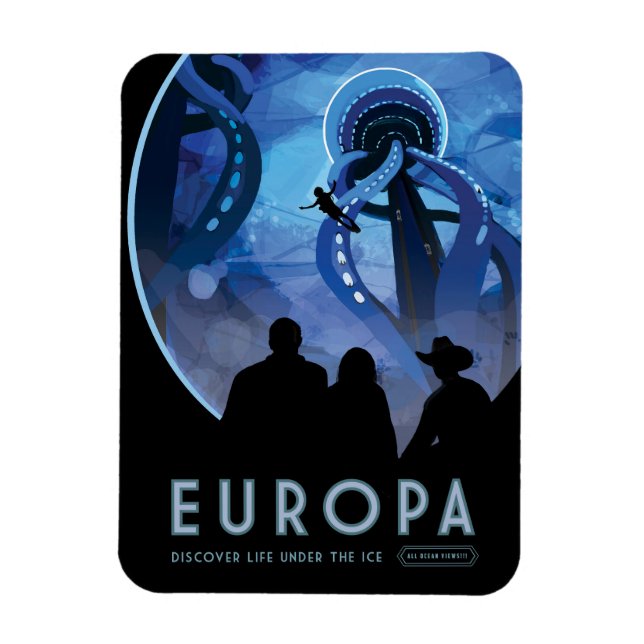 Retro Space Travel Poster - Jupiter's Moon Europa. Magnet (Vertikal)