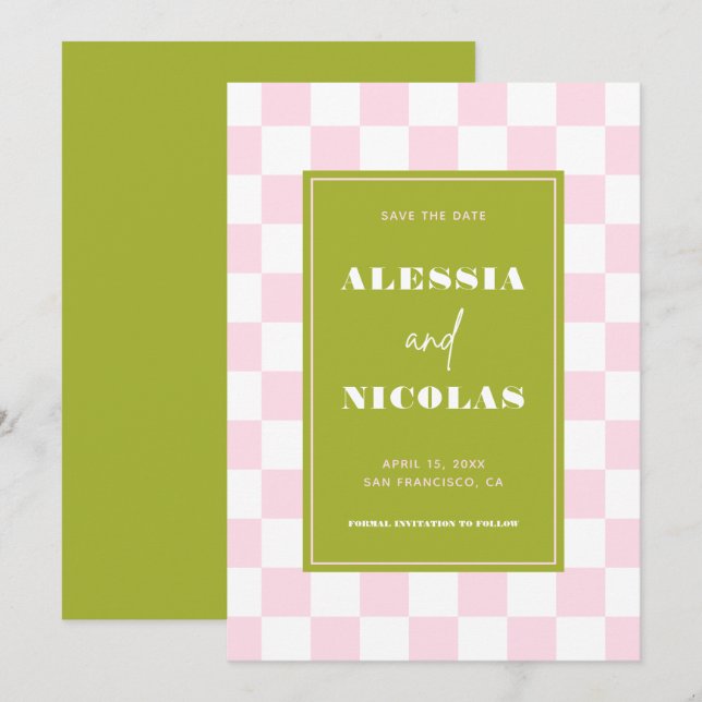 Retro-Spaß Pink & Grün Karo-Hochzeit Save The Date (Vorne/Hinten)