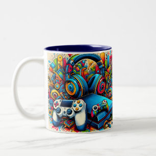 Retro-Spielkonsole und Kopfhörer Zweifarbige Tasse