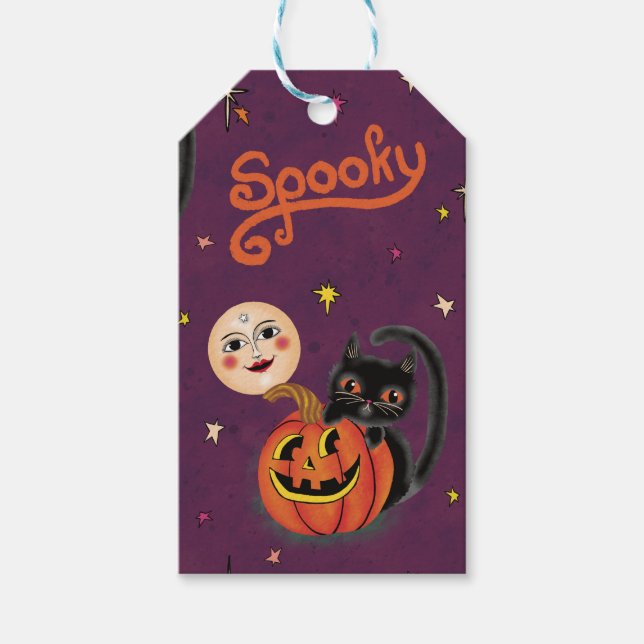 Retro Spooky Kitten Pumpkin Moons auf dunklen Lila Geschenkanhänger (Vorderseite)