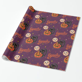 Retro Spooky Kitten Pumpkin Moons auf dunklen Lila Geschenkpapier