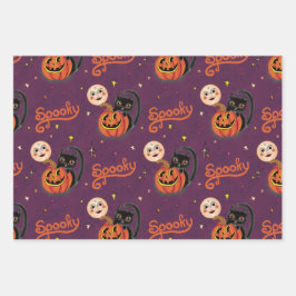 Retro Spooky Kitten Pumpkin Moons auf dunklen Lila Geschenkpapier Set