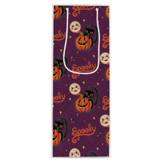 Retro Spooky Kitten Pumpkin Moons auf dunklen Lila Geschenktüte Für Weinflaschen