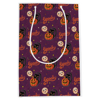 Retro Spooky Kitten Pumpkin Moons auf dunklen Lila Mittlere Geschenktüte