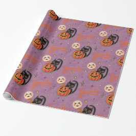 Retro Spooky Kitten Pumpkin Moons auf Lila Geschenkpapier