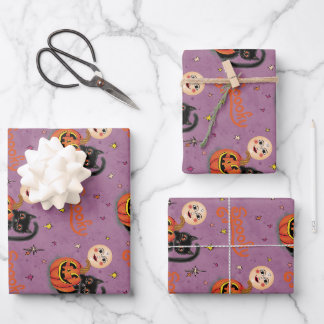 Retro Spooky Kitten Pumpkin Moons auf Lila Geschenkpapier Set