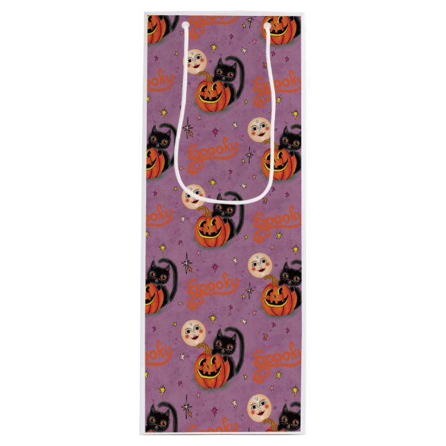 Retro Spooky Kitten Pumpkin Moons auf Lila Geschenktüte Für Weinflaschen (Vorderseite)