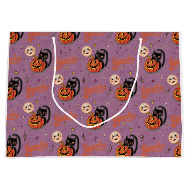 Retro Spooky Kitten Pumpkin Moons auf Lila Große Geschenktüte (Vorderseite)