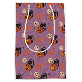 Retro Spooky Kitten Pumpkin Moons auf Lila Mittlere Geschenktüte