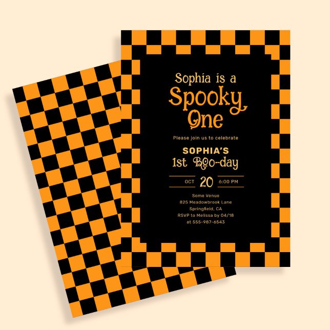 Retro Spooky One Checkered Orange 1st Birthday Einladung (Von Creator hochgeladen)