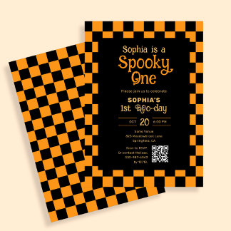 Retro Spooky One Checkered Orange 1st Birthday Einladung