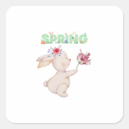 Retro Spring Bunny with Tulip Graphic Tee Quadratischer Aufkleber