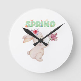 Retro Spring Bunny with Tulip Graphic Tee Runde Wanduhr