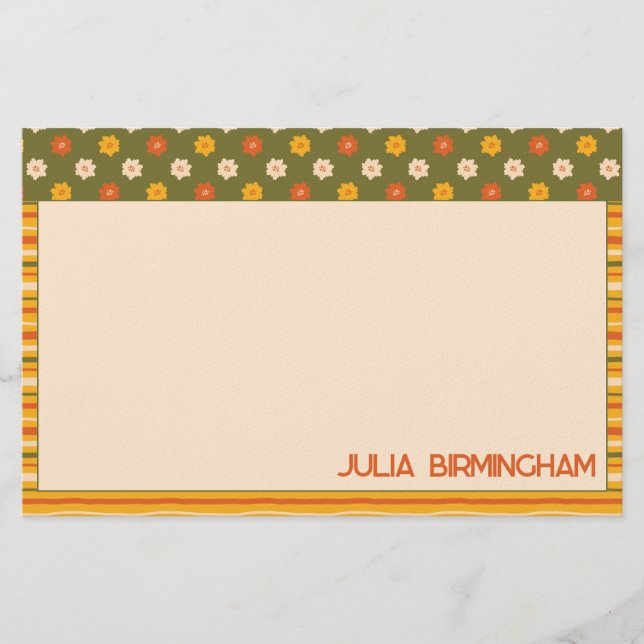 Retro Spring Hand Drawn Floral Striped Horizontal Briefpapier (Vorderseite)