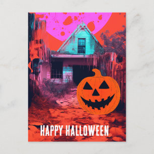 Retro Spuk Halloween House Pink Orange Blue Postkarte