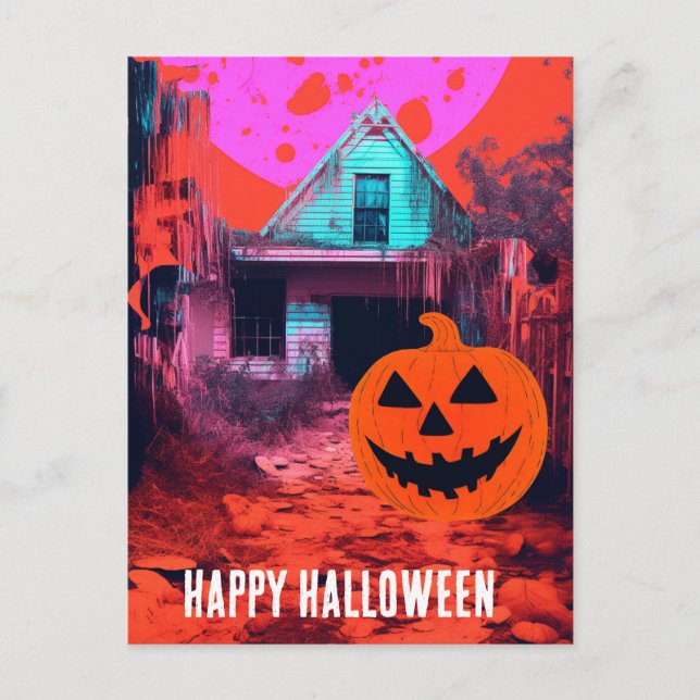 Retro Spuk Halloween House Pink Orange Blue Postkarte (Vorderseite)