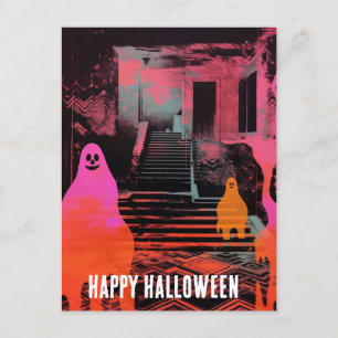 Retro Spuk Halloween House Pink Orange Ghosts Postkarte