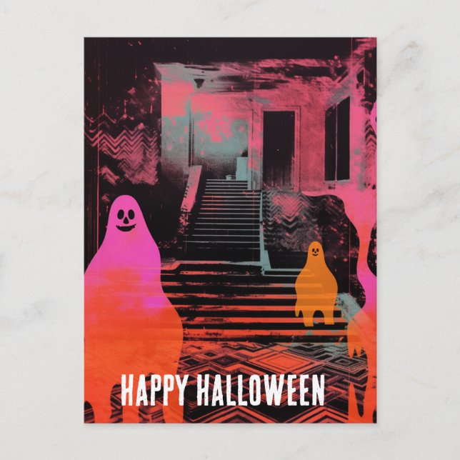 Retro Spuk Halloween House Pink Orange Ghosts Postkarte (Vorderseite)