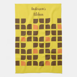 Retro Squares Yellow Brown Custom Family Name Geschirrtuch