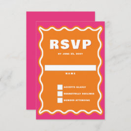 Retro Squiggle Wavy Curve Pink Orange Wedding RSVP Karte