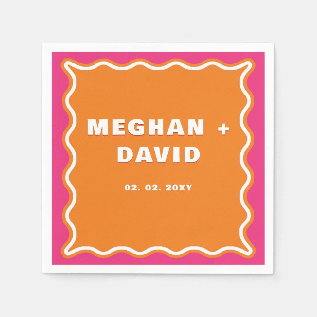 Retro Squiggle Wavy Curve Pink Orange Wedding Serviette (Vorderseite)