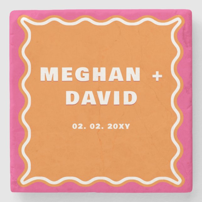 Retro Squiggle Wavy Curve Pink Orange Wedding Steinuntersetzer (Vorderseite)