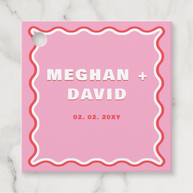 Retro Squiggle Wavy Curve Pink Red Wedding Geschenkanhänger (Vorderseite)