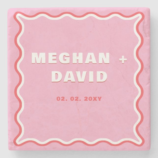 Retro Squiggle Wavy Curve Pink Red Wedding Steinuntersetzer (Vorderseite)