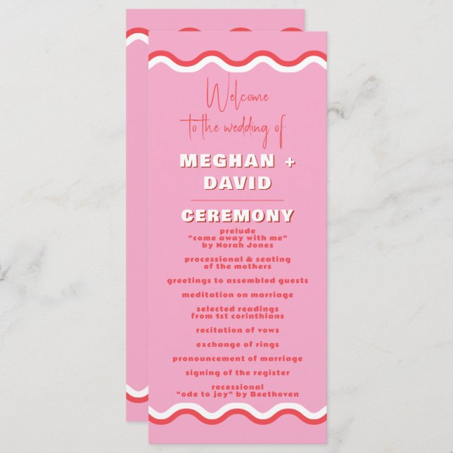 Retro Squiggle Wavy Pink Red Wedding Programm (Vorne/Hinten)