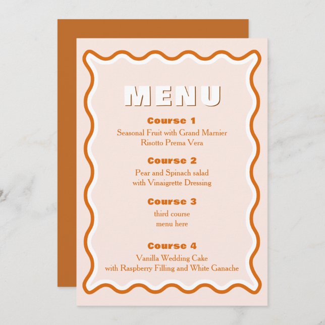 Retro Squiggle Wavy Terracotta Wedding Menu Menükarte (Vorne/Hinten)