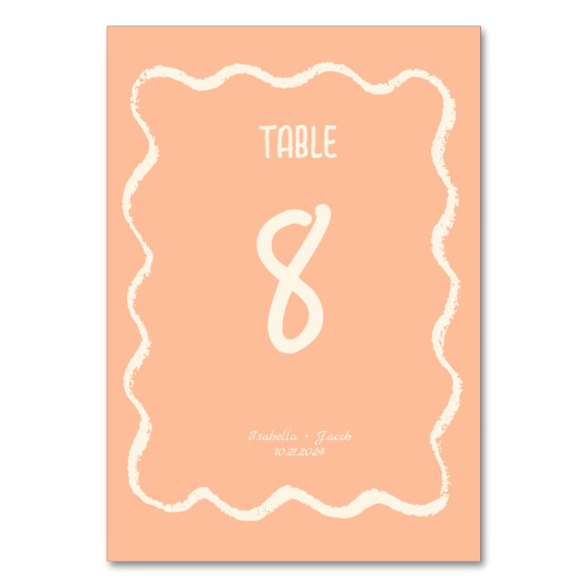 Retro Squiggle Whimsical Quirky Peach Wedding Tischnummer (Vorderseite)
