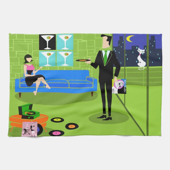 Retro städtisches Cartoon-Paar-Küchen-Tuch Geschirrtuch (Horizontal)