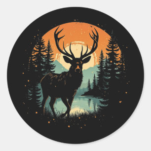 Retro Stag Sunset Vintag Forest Silhouette Runder Aufkleber