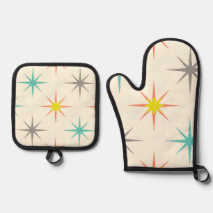 Retro Starburst-Muster im Stil der Mitte des Jahrh Ofenhandschuh & Topflappen-Set