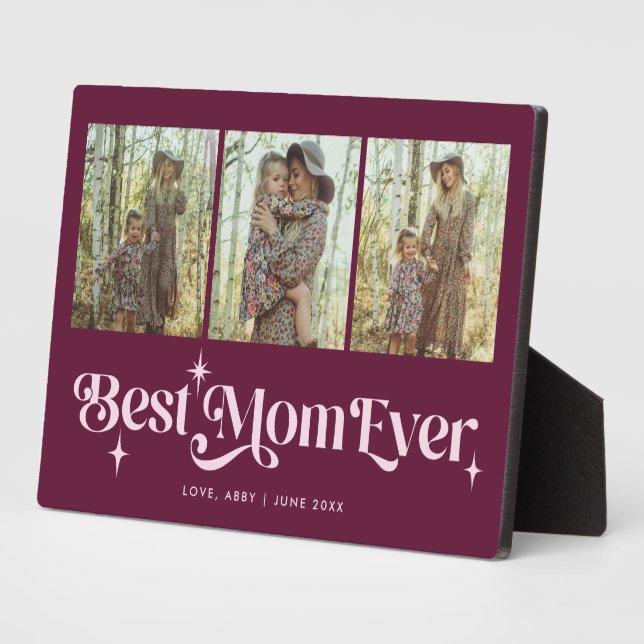 Retro Stars Cranberry Beste Mama je Collage Fotoplatte (Seite)