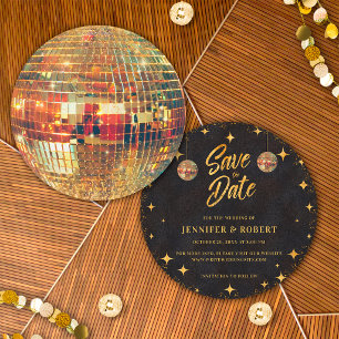 Retro Stars Schwarz Gold Glitter Disco-Kugel Hochz Save The Date
