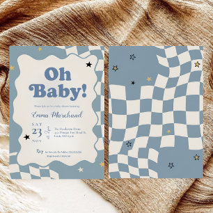 Retro Staubblau Kariert Oh Baby Baby Shower Einladung