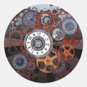 Retro-Steampunk-Uhrenteile, Zahnräder und Zahnräde Runder Aufkleber