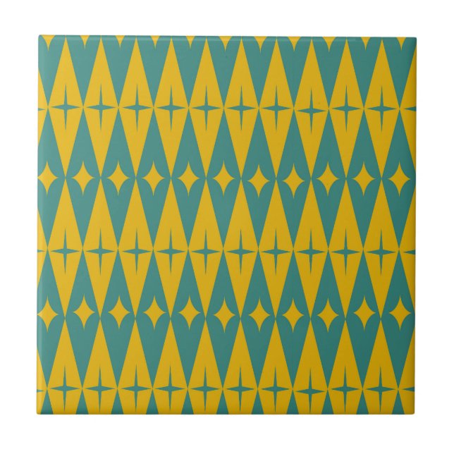 Retro-Sterne der Mitte des Jahrhunderts auf Teal-S Fliese (Vorderseite)