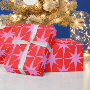 Retro-Sterne im Mid-Century-Rosa- und Rotmuster Geschenkpapier