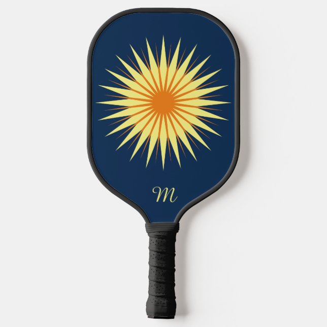 Retro Sternexplosion Blume Monogramm Navy Yellow O Pickleball Schläger (Rückseite)