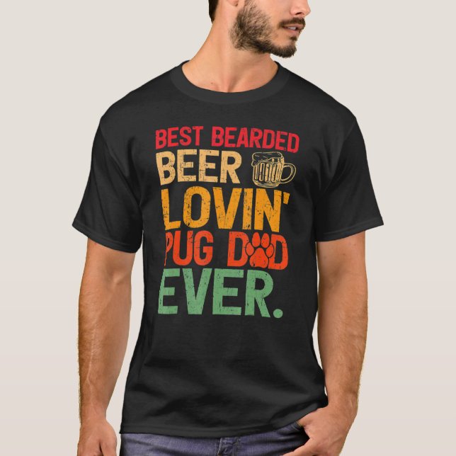 Retro-Stil Bester bärtiger bierliebender Pug-Vater T-Shirt (Vorderseite)