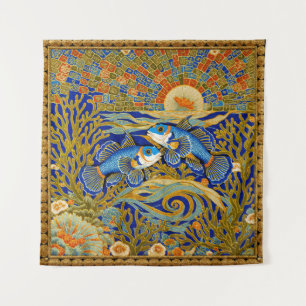 Retro-Stil-Tapete Blaue Mandarin-Fische Wandteppich