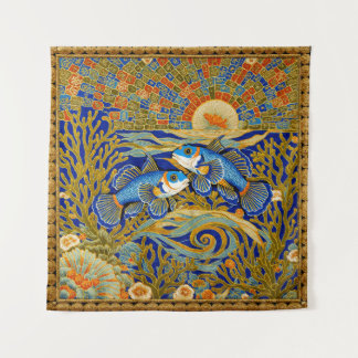 Retro-Stil-Tapete Blaue Mandarin-Fische Wandteppich